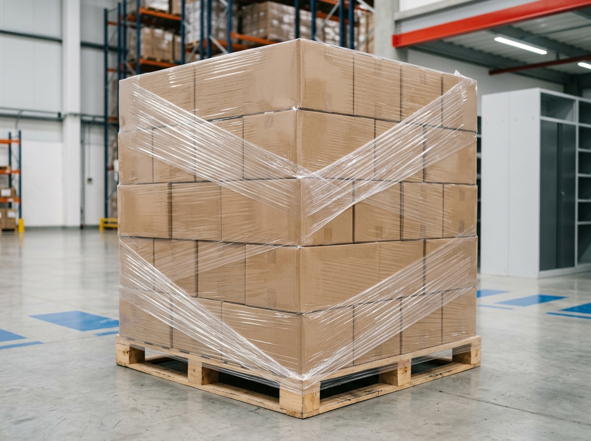 Pallet de mercancía asegurado con varias capas de film stretch